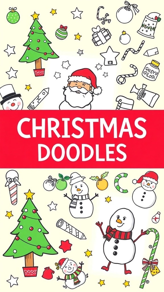 A vibrant assortment of Christmas doodles including a tree, Santa, and snowman, designed for kids to color.